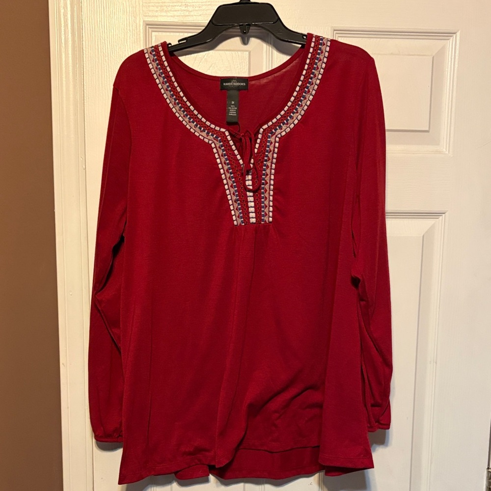 Karen Scott Red Embellished Split-Neck Long Sleeve Tee